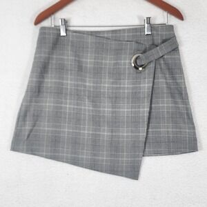 Forever 21 Grey Glen Plaid Faux Wrap Mini Skirt Sz L Asymmetrical 90's Preppy